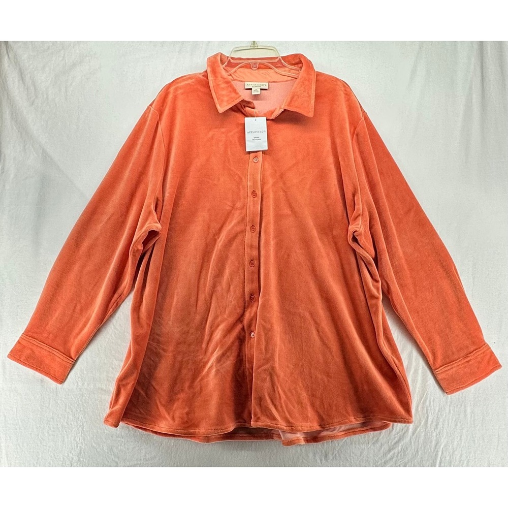 Appleseeds Womens 3X Velour Button Down Shirt Coral Orange Long Sleeve NWT